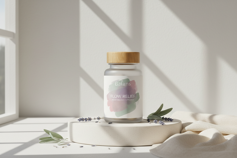 Flow Relief by Balans 
Cramp Relief | Bloating Reduction | PMS Support | Headache & Backache Comfort | Mood Swing Regulation

Easy to consume capsules designed to calm your toughest period battles—bloating, cramps, headaches, mood swings and more—without the artificial stuff. 

[Price]                                                                   15 Capsules

[Pack of 1 - Price]           [Pack of 3 - Price]           [Pack of 6 - Price]
Save [Discount]%           Save [Discount]%           Save [Discou